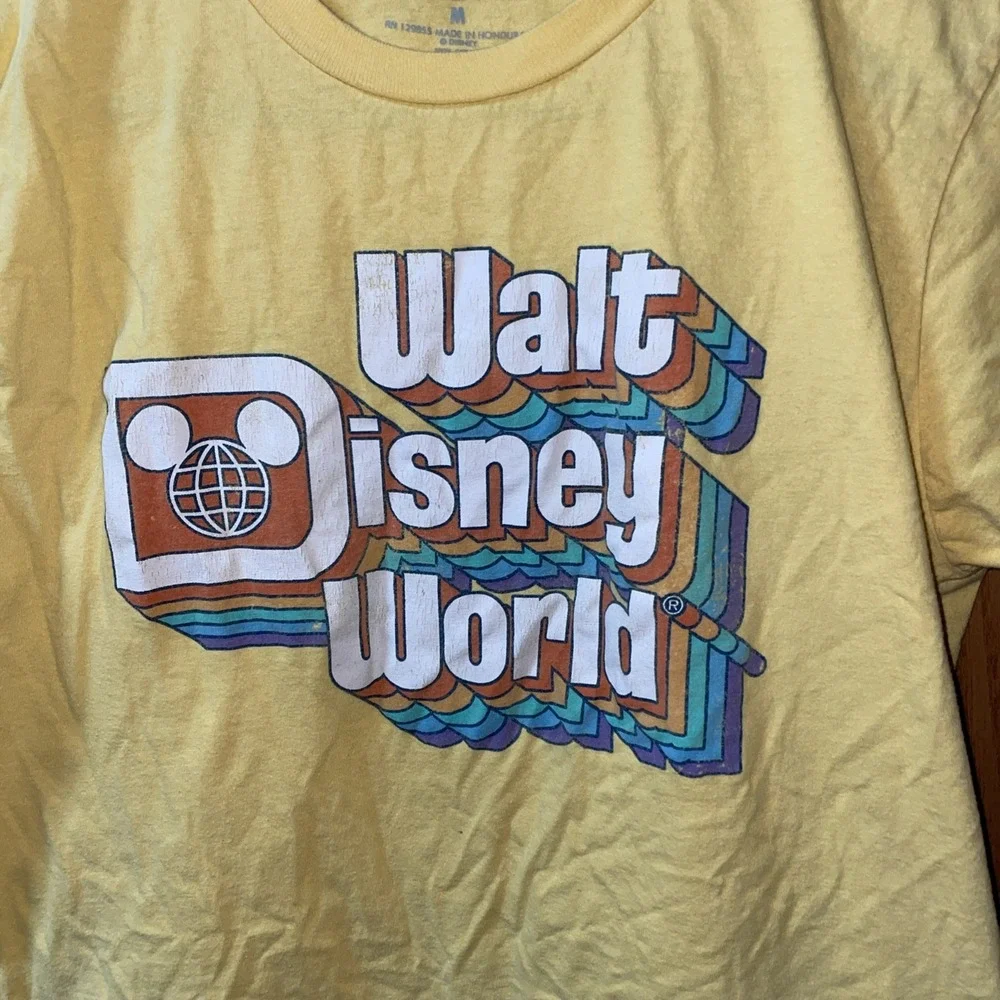 Disney Parks Walt Disney World Retro Rainbow Logo Mickey Yellow Cotton T-Shirt M